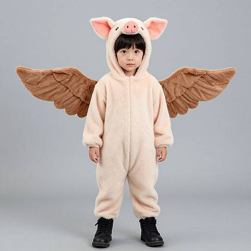 Photograph of an Asian toddler in a white pig onesie with brown feathered wings and pink pig ears, standing against a light blue background, wearing