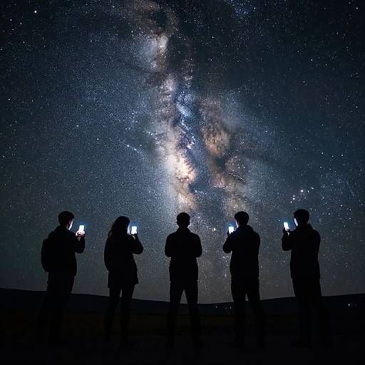 Photograph of five silhouetted people holding smartphones, gazing at a dazzling Milky Way galaxy in a star-filled night sky.