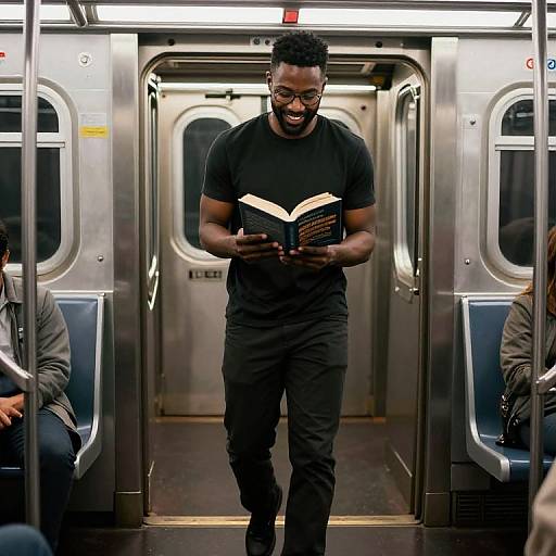 Photograph of a smiling Black man with short curly hair, glasses, and black outfit, reading a book on an empty subway car.