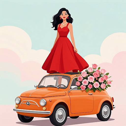 Digital illustration of a black-haired woman in a red dress standing on an orange vintage car with pink flowers in the back.