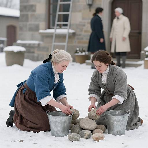 18th-Century Women Sorting Stones in Snow