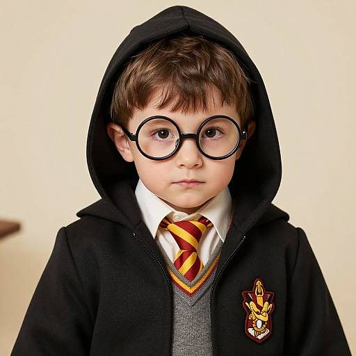 Photograph of a young boy with brown hair, wearing round glasses, a black Hogwarts robe, grey vest, red and yellow striped tie, and a
