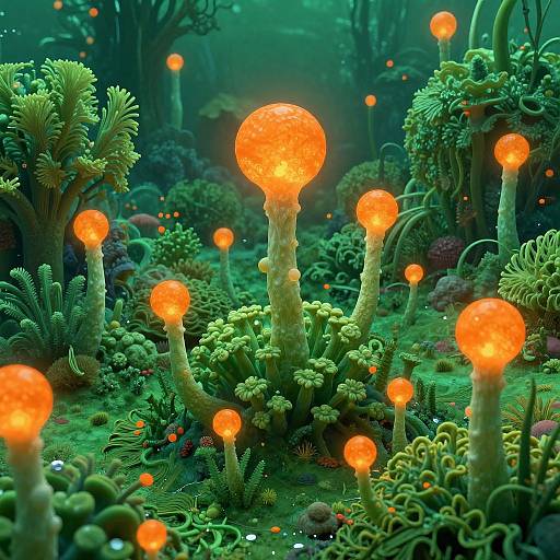 Photorealistic CGI of a glowing, alien forest with vibrant green plants and luminous, orange, orb-like flowers on tall, textured stalks.