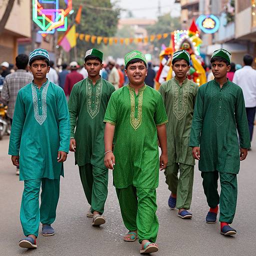 Photograph of five young boys in green traditional Pakistani outfits and caps walking down a busy street with colorful neon signs and festive decorations in the background.