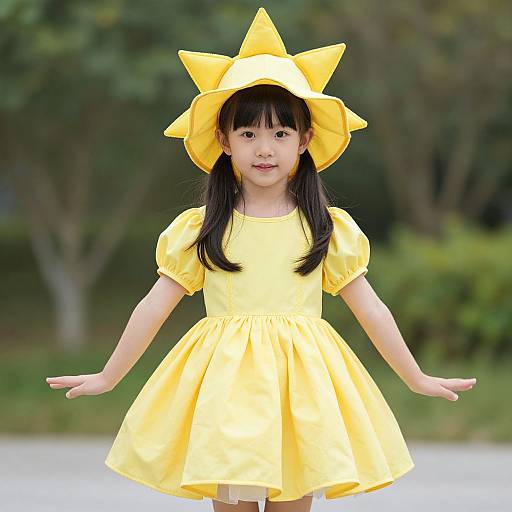 Photograph of an Asian girl with black pigtails wearing a bright yellow sun hat and dress, standing outdoors with arms outstretched.