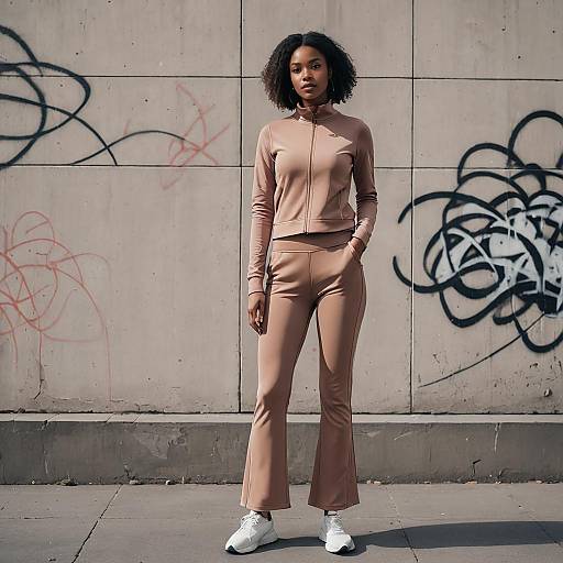 Woman in Taupe Athleisure Outfit on Urban Street