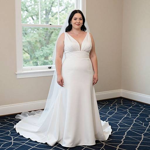 Photograph of a plus-size bride with black hair, wearing a white, sleeveless, V-neck wedding dress and veil, standing in a bright room