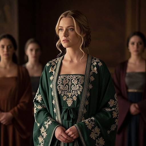 Photograph of a blonde woman in a green, ornate medieval dress with gold embroidery, standing in a dimly lit room with two blurred women in