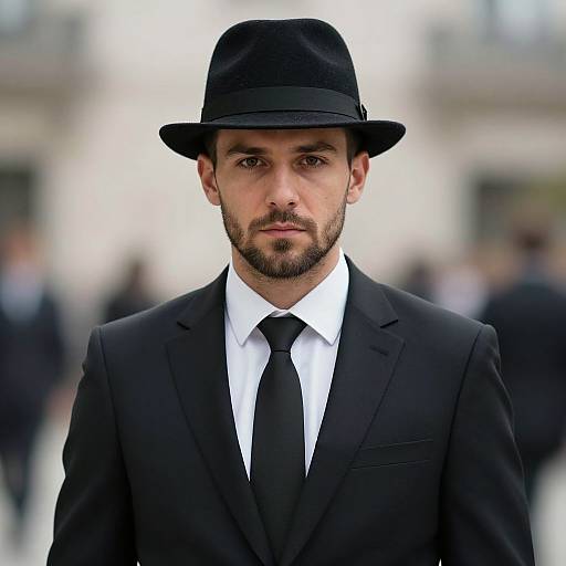Photograph of a serious, bearded man in a black suit, white shirt, black tie, and black bowler hat, with a blurred urban