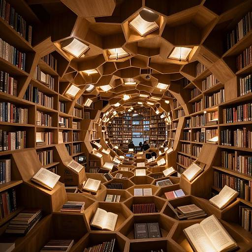 Photograph of a modern library with hexagonal wooden bookshelves and glowing, cube-shaped lights, creating a futuristic, illuminated tunnel effect.