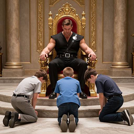 Photorealistic CGI: Muscular man in black shirt and pants, seated on ornate golden throne, four kneeling boys in front, grand marble hall