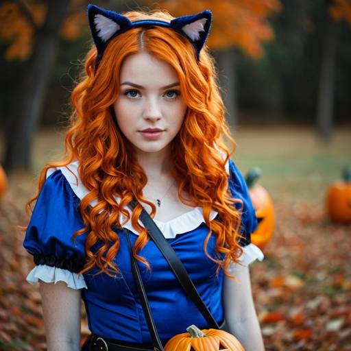 Woman in Halloween Costume with Cat Ears and Pumpkin