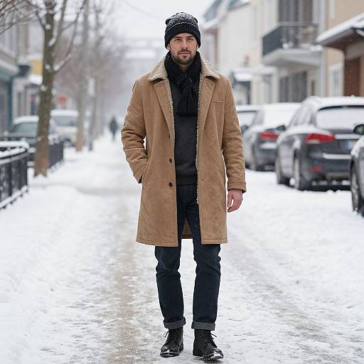 Photograph of a bearded man in a black beanie, tan coat, black scarf, and pants, walking on a snowy urban street.