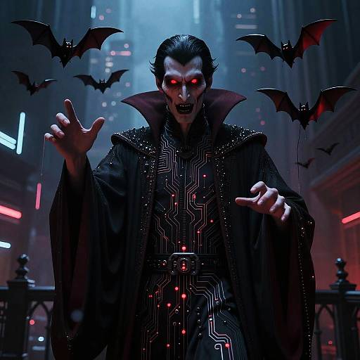 Digital artwork of a menacing vampire with glowing red eyes, black cape, and high collar, surrounded by flying bats, in a neon-lit, urban