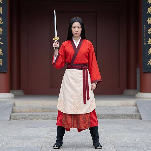 Photograph of an Asian woman in traditional Korean samurai attire, red kimono, white apron, black hair, holding a sword, standing in