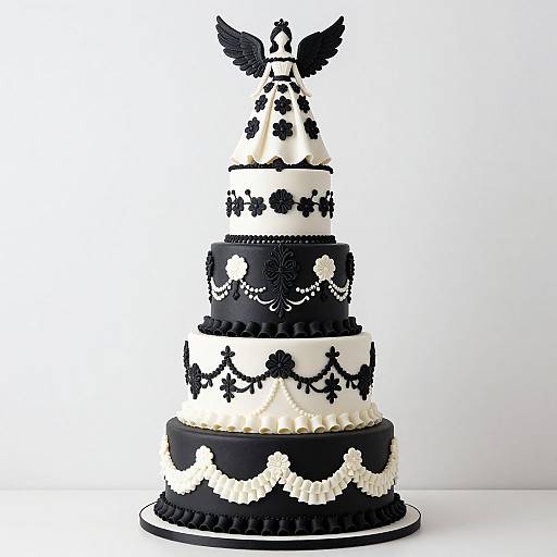 Photograph of a five-tiered black and white gothic wedding cake with intricate black floral designs, pearl-like accents, and a black angel topper