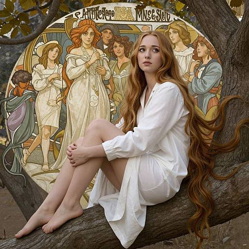 Medieval Woman on Tree Branch Portrait