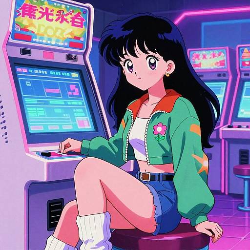 Anime-style digital illustration of a black-haired girl in a green jacket, white crop top, denim shorts, and socks, sitting at a neon-lit