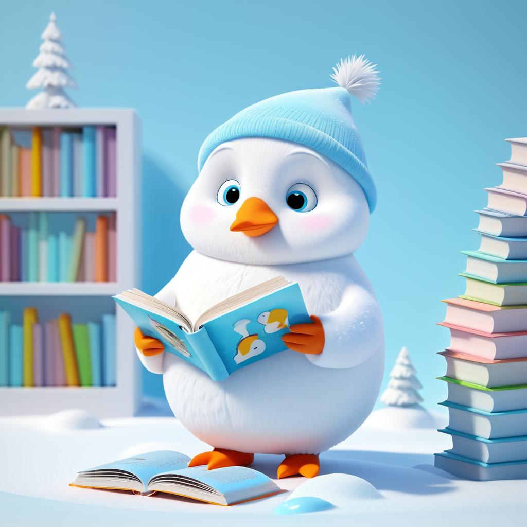 Whimsical Penguin Reading in Icy Colors