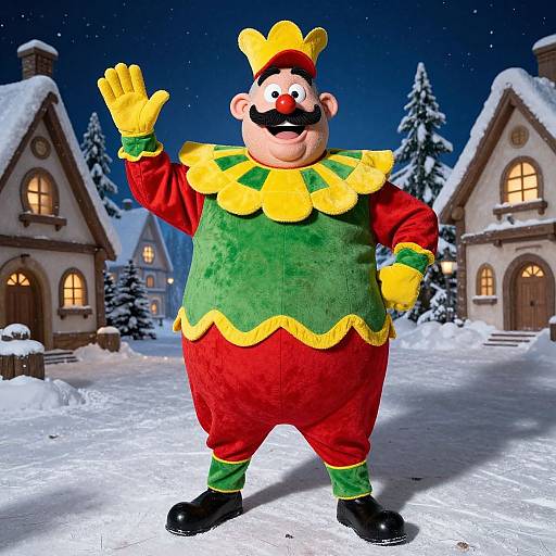 CGI cartoon character, jolly with a mustache, in red and green holiday outfit, yellow crown, yellow ruffle collar, waving in snowy
