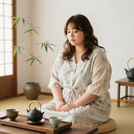 Photograph of a Japanese woman with wavy brown hair, wearing a floral white kimono, sitting on a woven mat, preparing tea in a sun