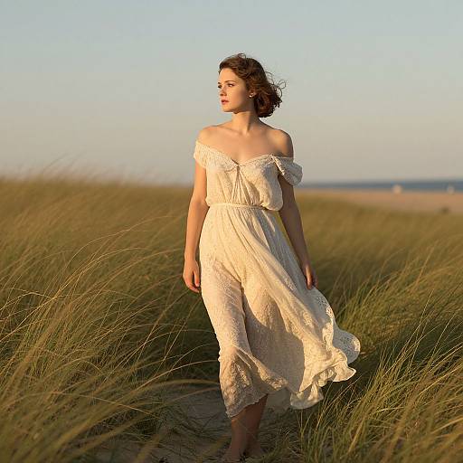 Photograph of a fair-skinned woman with short brown hair, wearing an off-shoulder, flowing white lace dress, walking through golden grass at