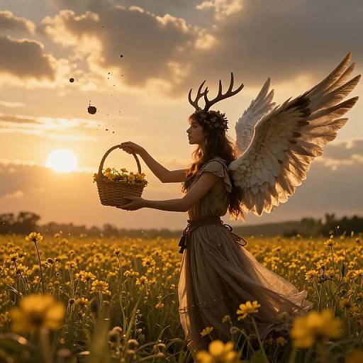 Photograph of a woman with deer antlers and angel wings, holding a basket of flowers, standing in a sunlit yellow wildflower field at sunset