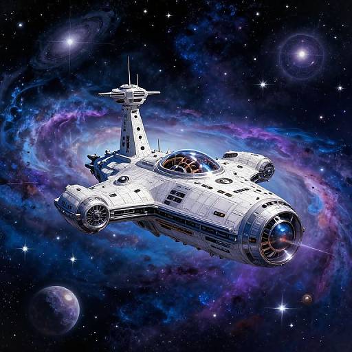 Photorealistic digital illustration of a white, detailed Star Wars X-wing fighter in space, surrounded by vibrant nebula clouds and stars, with a planet