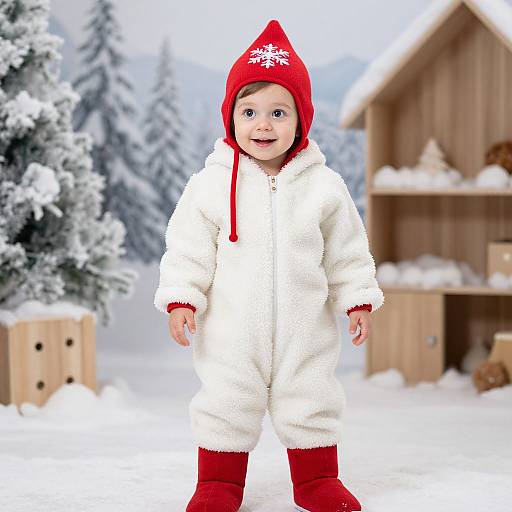 Digital illustration of a smiling baby in a white fuzzy snowsuit, red hat, and boots, standing in a snowy winter village.