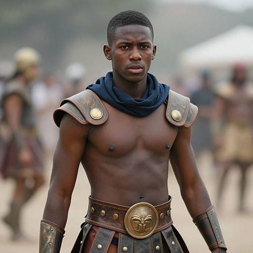 Photograph of a muscular, young black man with short hair, wearing ancient warrior armor: bronze shoulder plates, dark blue scarf, and belt with skull