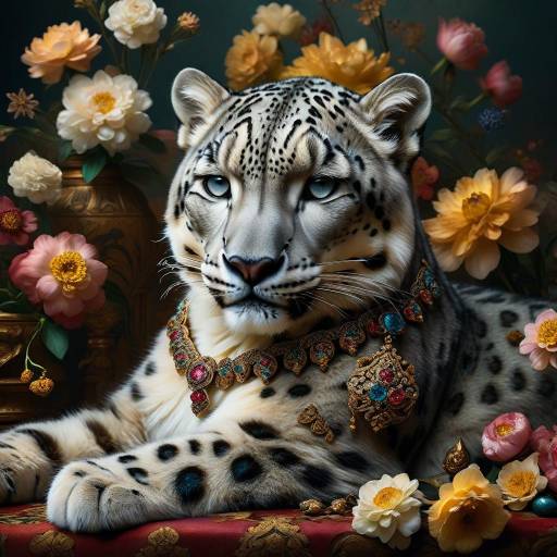 Regal Snow Leopard in Floral Elegance