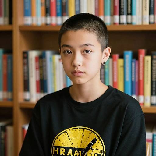 Photograph of a young Asian boy with short black hair, wearing a black T-shirt with a yellow circular logo, standing in front of a colorful book
