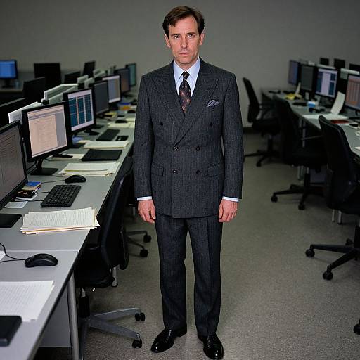Photograph of a middle-aged, Caucasian man in a dark pinstripe suit, white shirt, and brown tie, standing in a modern, dim