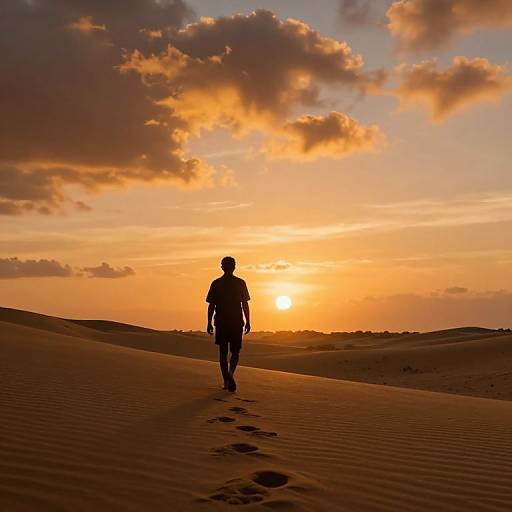 Silhouetted man walks through golden desert at sunset, leaving footprints in sand, with orange sky and scattered clouds. Photographic image.