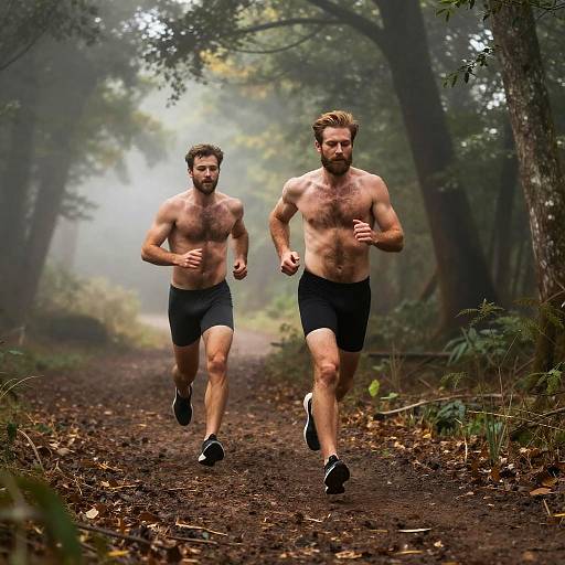 Hairy Men Jogging Through Misty Forest