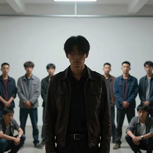 Mysterious Figure Amidst Urban Gathering