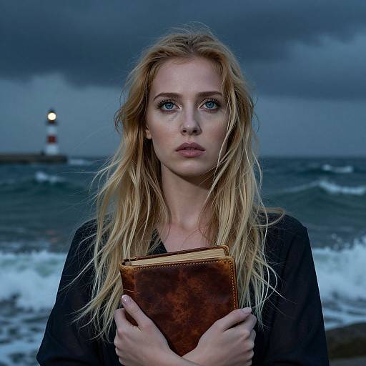 Photograph of a serious blonde woman with blue eyes, holding a brown leather book, standing on a stormy beach with a lighthouse in the background