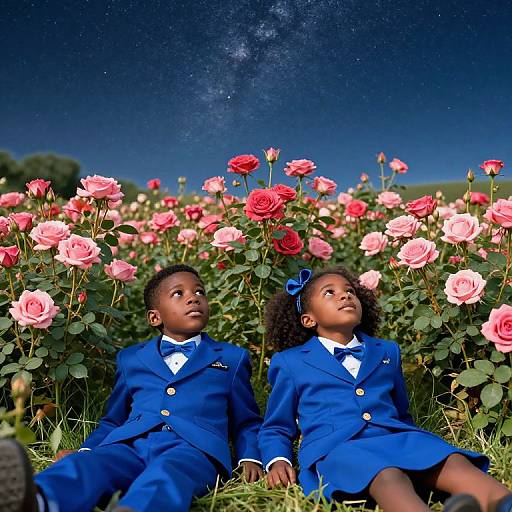 Photograph of two young Black children in blue school uniforms, sitting in a rose garden under a starry night sky.