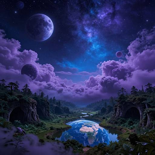 Digital artwork of a mystical forest at night, featuring glowing planets, a cosmic galaxy, and a vibrant blue Earth-like planet in the foreground.