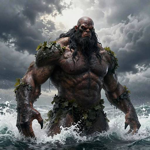 Digital artwork of a muscular, bald, bearded sea monster with dark, wet skin and seaweed-covered shoulders, emerging from turbulent waves under a storm