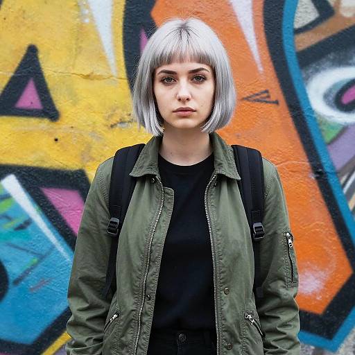 Photograph of a young woman with silver bob haircut, green jacket, black shirt, and backpack, standing against colorful graffiti wall.