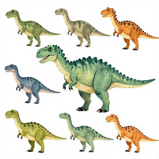 Digital illustration of eight colorful, cartoon-style dinosaurs in various shades of green, blue, orange, and gray, standing on a white background.