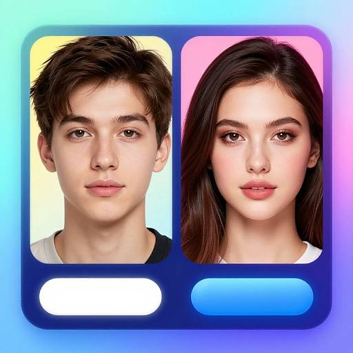 Photograph-style digital image of a young boy and girl with light skin, dark hair, and neutral expressions, in colorful rounded frames.