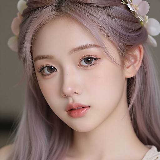 Close-up digital portrait of a young Asian woman with light purple hair, flower crown, fair skin, and soft makeup, looking slightly to the side.