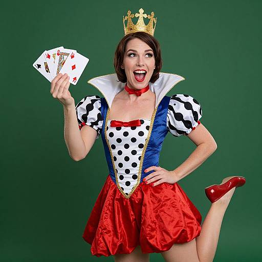 Photograph of a woman in a Cinderella-inspired costume with a gold crown, red skirt, and blue bodice, holding cards and smiling, against