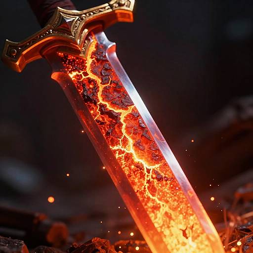Photograph of a glowing, molten-lava infused sword with fiery cracks, dark background, and sparks, highlighting intense heat and power.