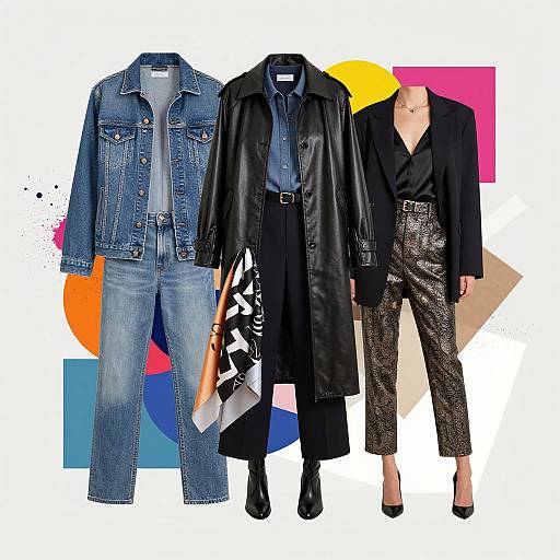 Photograph of three outfits: denim jacket and jeans, black leather coat over blue shirt, black blazer and metallic pants with black heels, set against