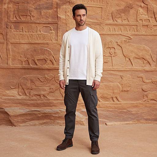 Photograph of a bearded man in a white sweater, black pants, and brown boots standing in front of an ancient, carved sandstone wall with