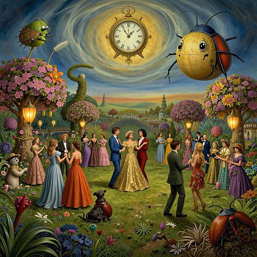 Whimsical fairytale garden scene with clock moon, giant bug, flower baskets, clock, dancing couples, colorful dresses, vibrant flowers, and