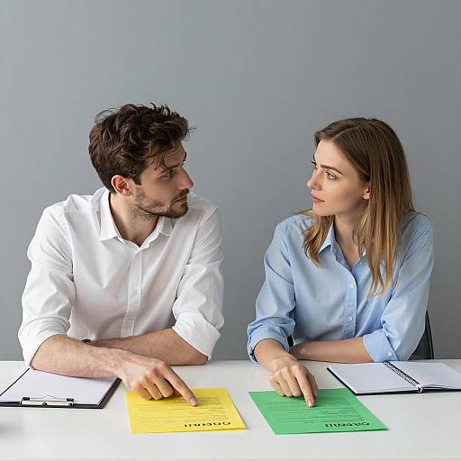 Man and Woman Discussing Documents at Table